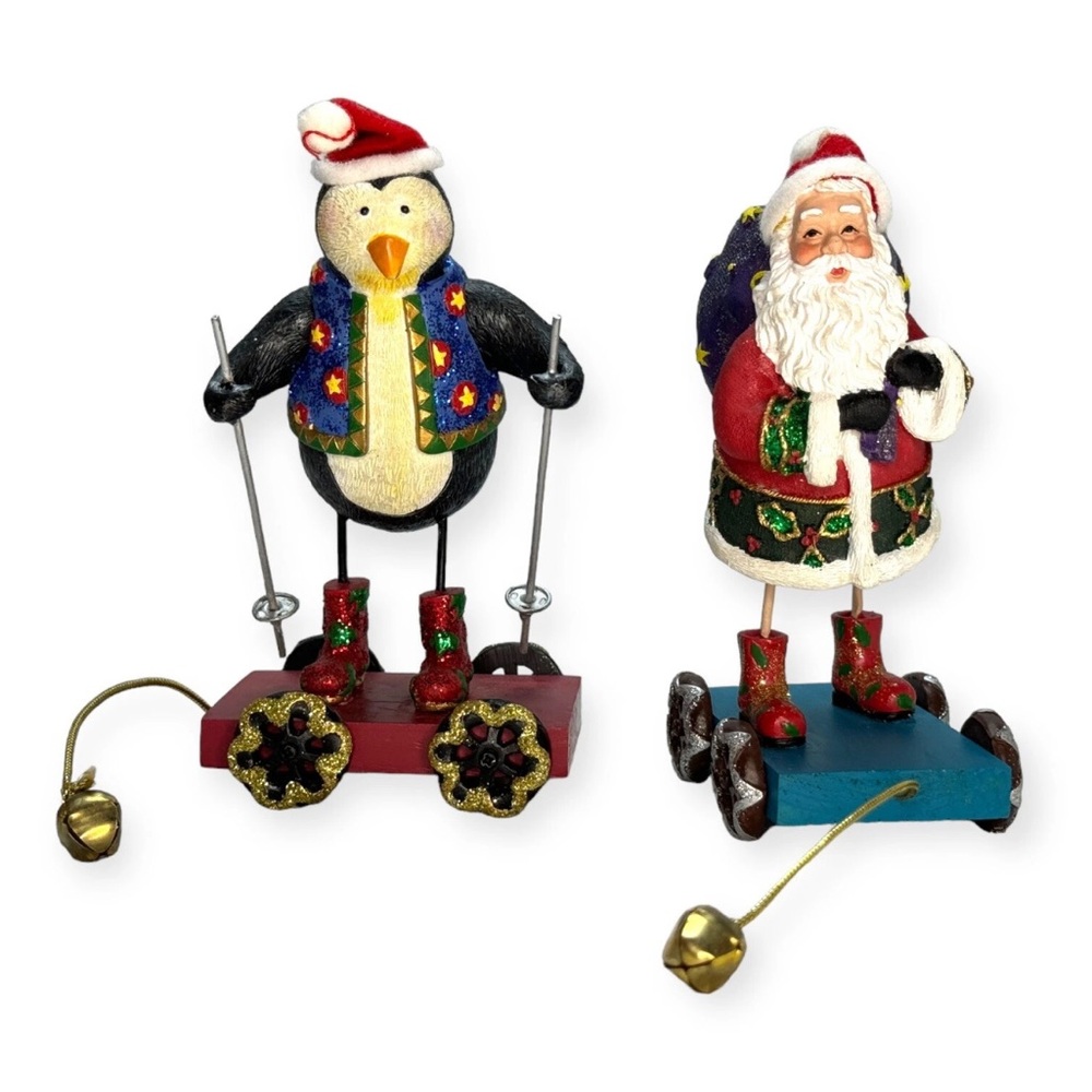 2 Pcs Christmas Santa Claus, Penguin Decoration With Wheel Ceramic Holiday
